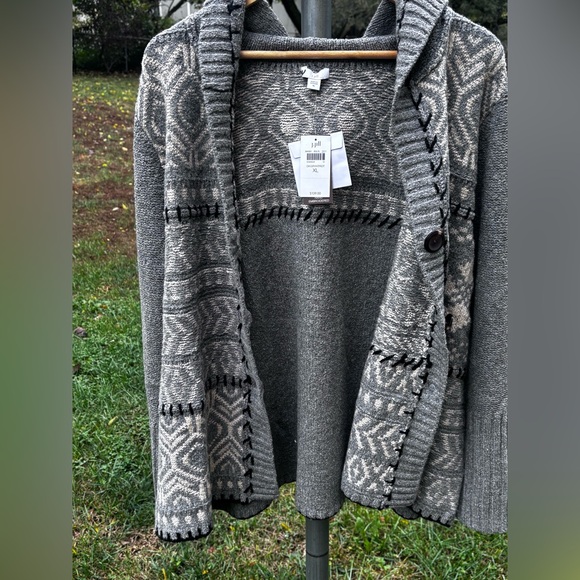 Jjill Hand-Embroidered Hooded Cardi 
Grey & Cream Print Size XL - Picture 3 of 11